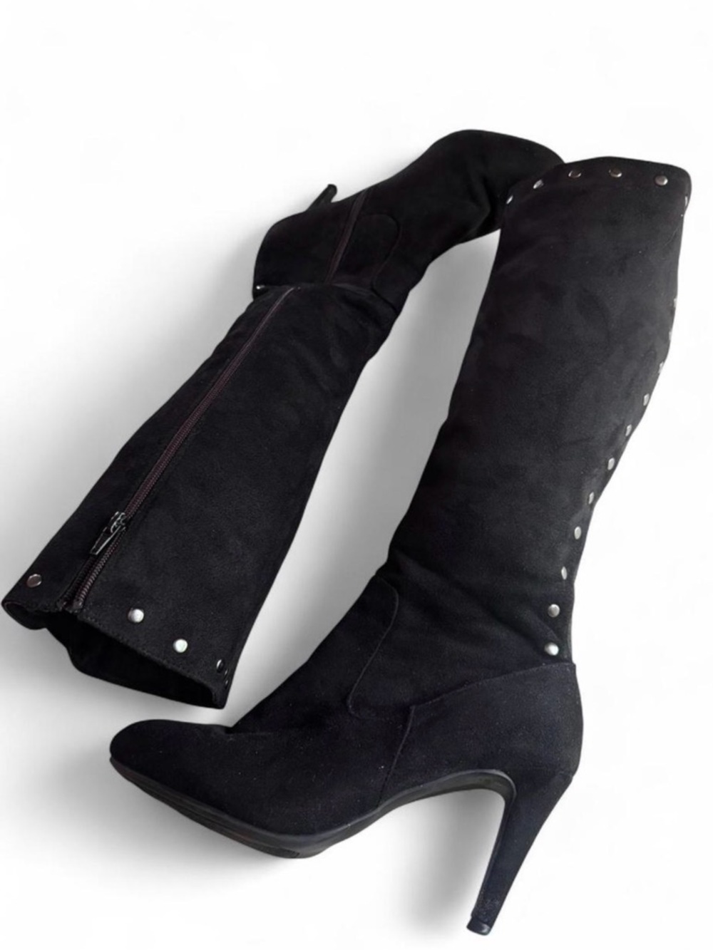Sugar Black Suede Heeled Boots with Stud Accentst